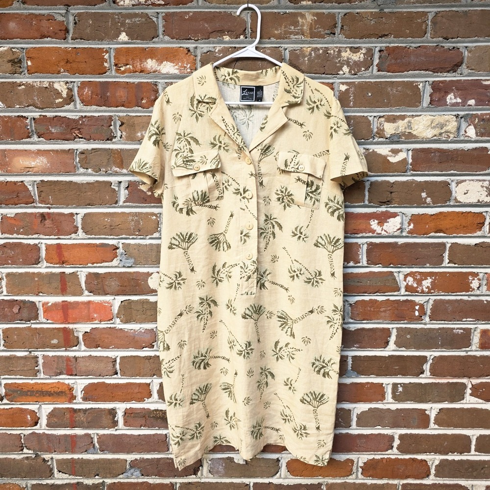 Lennie New York Linen Dress Size 16 Beige Palm Tropical Shirt Button Front Beach